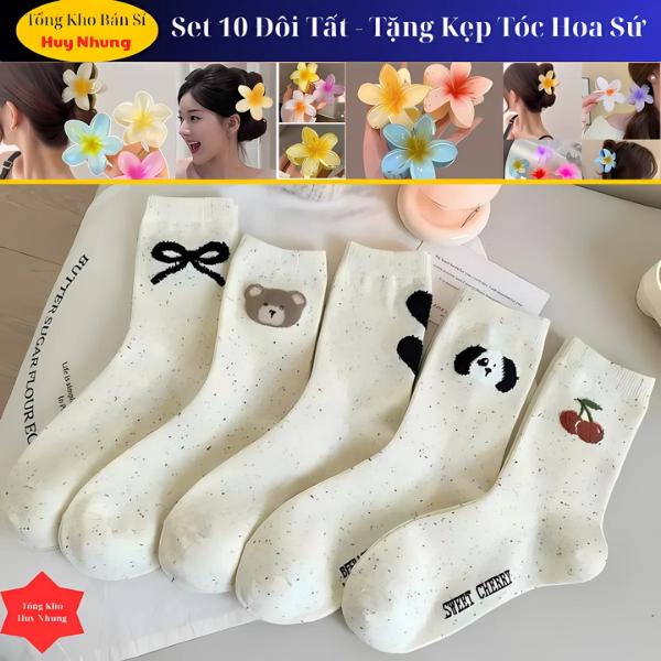 [Tặng Kẹp Tóc Hoa Sứ ] Set 10 đôi tất cổ cao nữ màu muối tiêu họa tiết gấu cherry phong cách Hàn Quốc siêu hot - Women Cotton, chất liệu cotton mềm mại, thấm hút mồ hôi tốt, thiết kế tinh tế đáng yêu, trẻ trung, năng động và thời trang