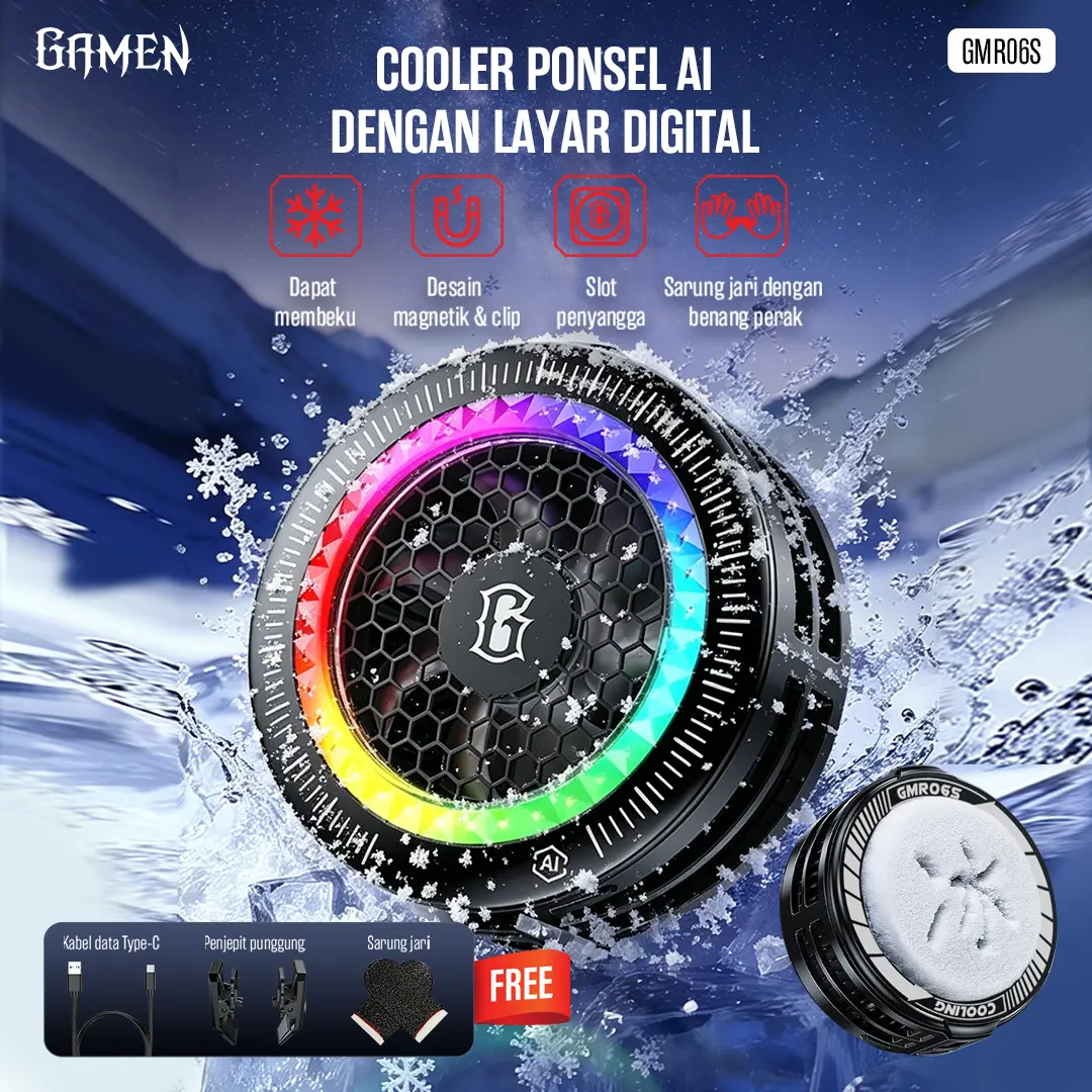 [NEW] GAMEN GMR06S Pendingin HP/Tablet Dengan Gaming AI Semiconductor Terbaru, Magnetic/Clip Digital Display - Garansi 1 Tahun