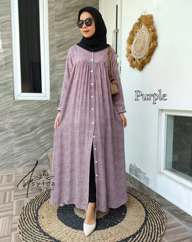 Dress Rayon Salur Gamis Rayon Kacing Full Kancing Aktif Gamis Busui Kancing Muslim Rayon Katun Nyaman Wanita Mewah 8