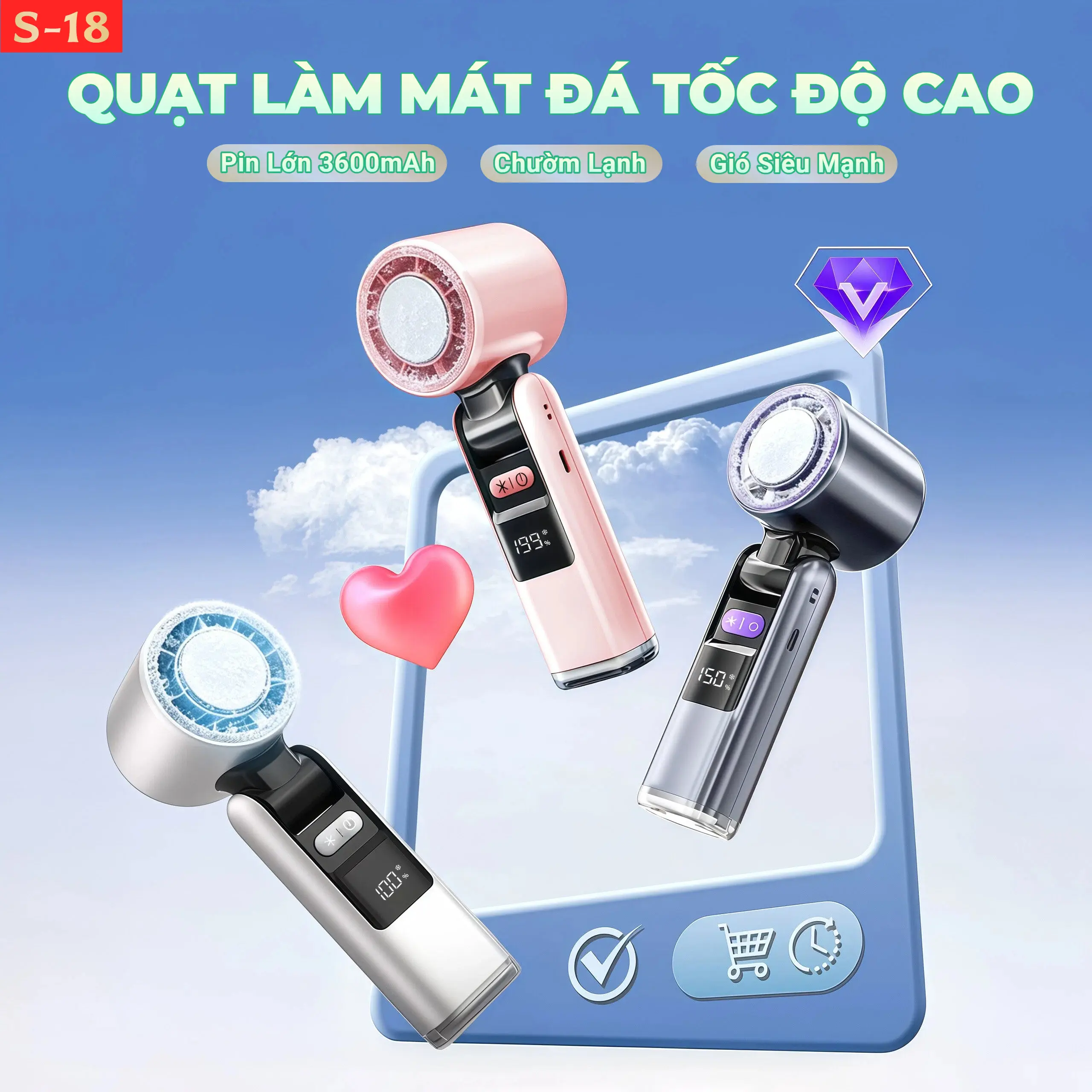 S-18 Quạt Cầm Tay Làm Lạnh Tốc Độ Cao, Quạt tăng áp turbo 3 trong 1 (Quạt tốc độ cao- Chườm lạnh- Đèn LED) 199 mức gió, Có thể xoay gập 180 độ, Làm lạnh sâu, Sử Dụng 1-3h, Pin 3600mAh