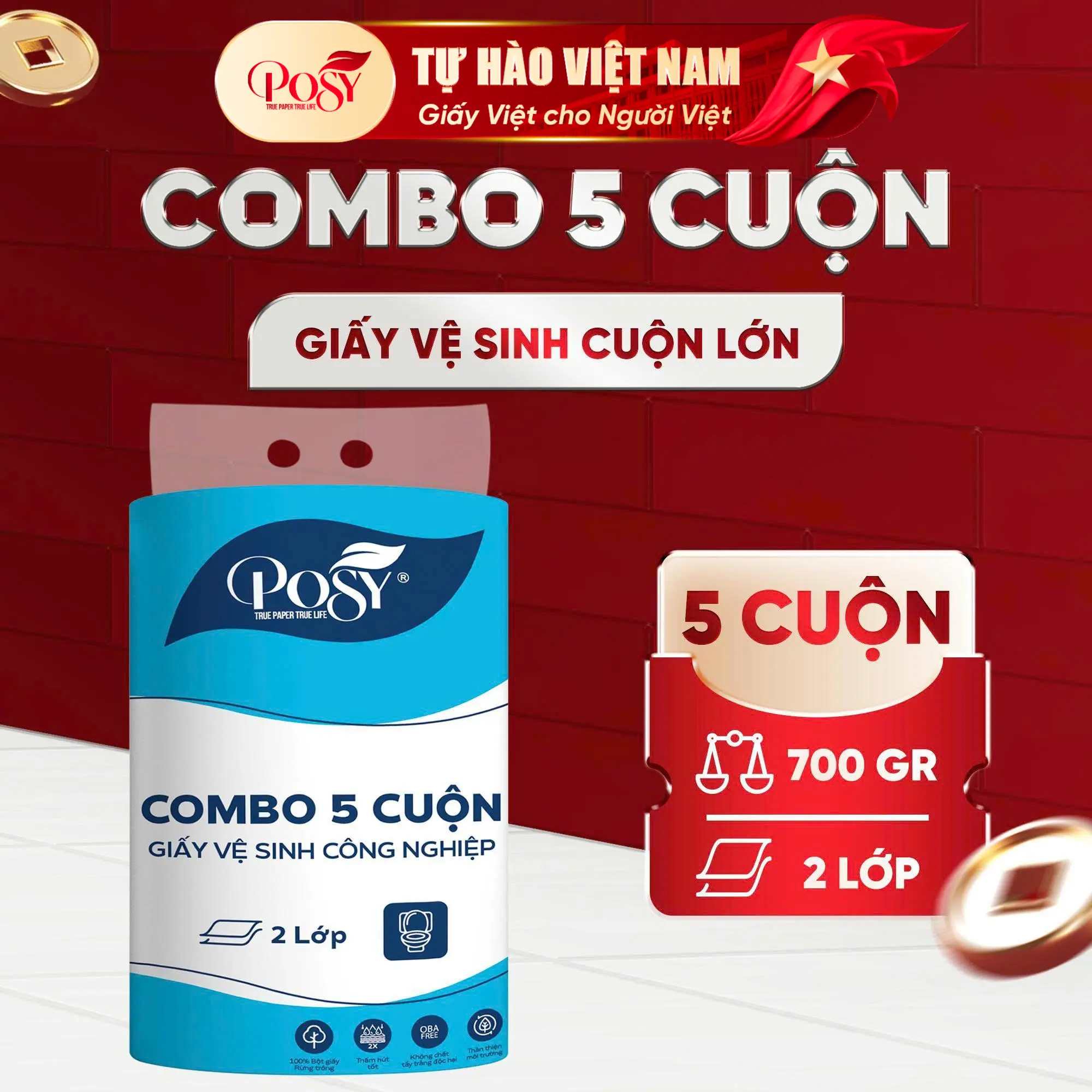 Posy - Combo 5 Cuộn Giấy Vệ Sinh Công Nghiệp Cuộn Lớn 700G/C, 2 Lớp Định lượng 18 gsm Mềm Mịn,DAI Tiết Kiệm Thân Thiện Với Môi Trường Tan Nhanh Trong Nước