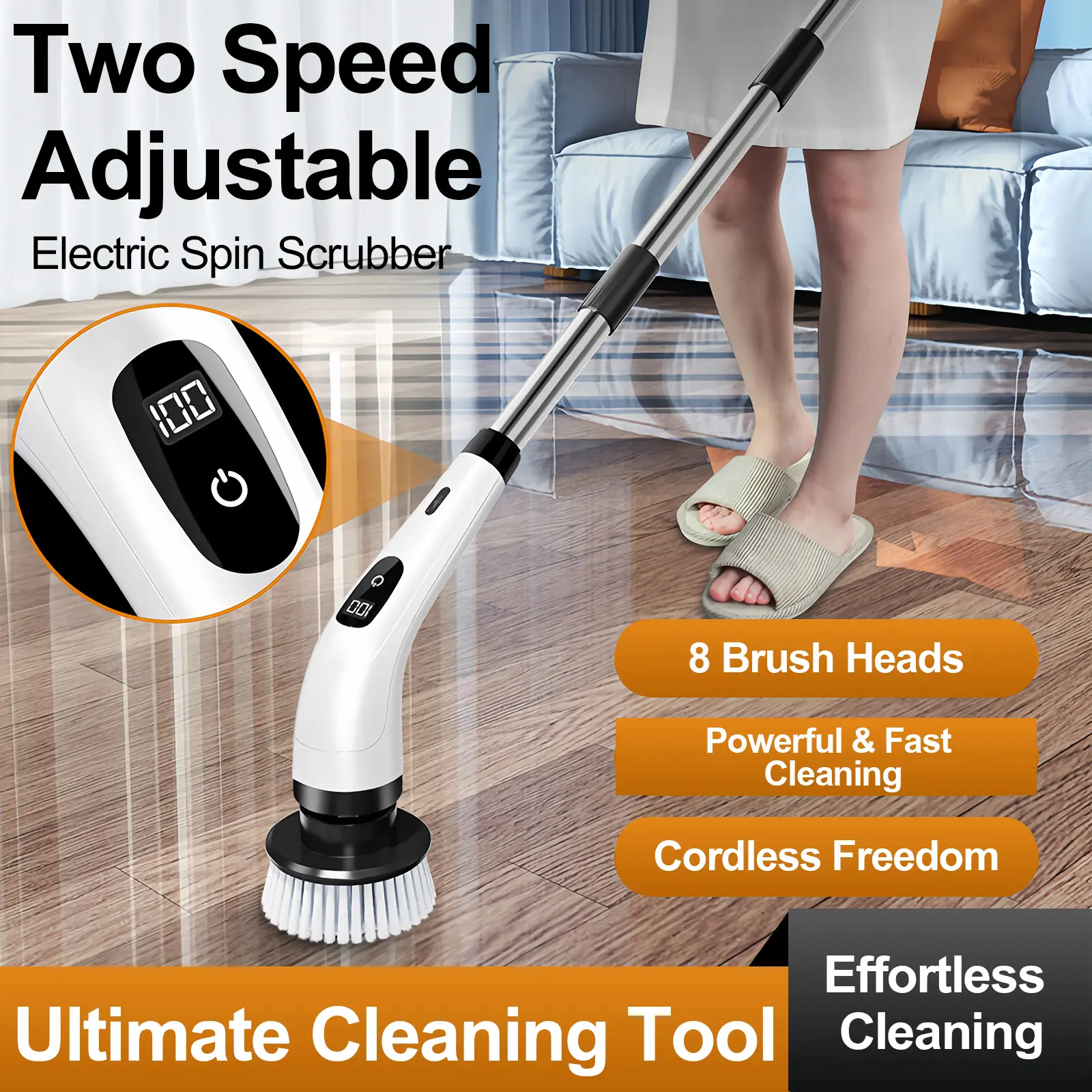 [SG Seller]2000mAh Cordless Electric Spin Scrubber - 8 Replaceable Brush Heads, 3 Adjustable Extension Handles, and 2 Speed Settings for Efficient Bathroom, Kitchen, and Household Cleaning