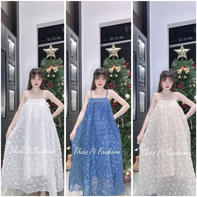 Váy hai dây hoa nổi dáng xoè rộng nhẹ nhàng nữ tính váy mặc hằng ngày - Váy 2s bản ngang