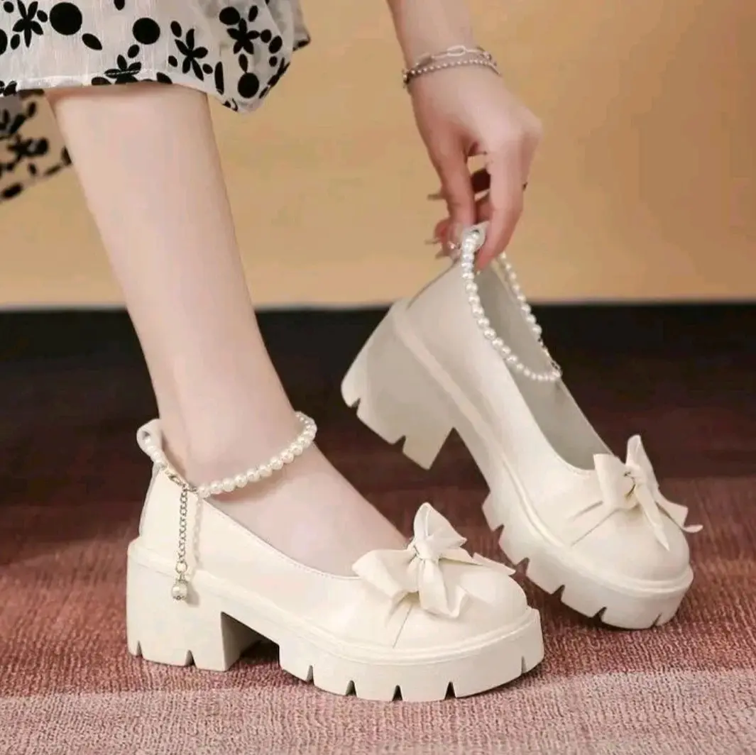 Shoes wanita lolita mary jeans mutiara Japanese heals putih dan hitam
