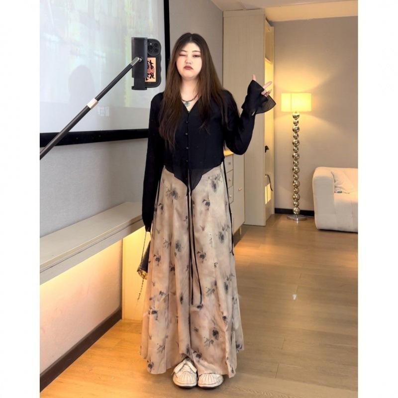 plus Size Women's Clothing Fat Mm2023 New High-Grade Chinese Wear Anti-Wrinkle Top + Loose Slimming Printed Culottes 8