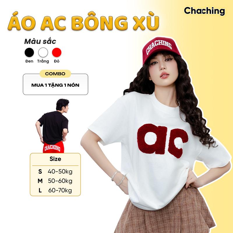 Áo Thun Unisex Thêu Hoạ Tiết Chữ AC Bông Xù ChaChing, Áo Phông Nam Nữ Form Oversize Chất Vải Thun Cotton Co Giãn 2 Chiều Không Xù Lông, Có Độ Bền Màu Cao