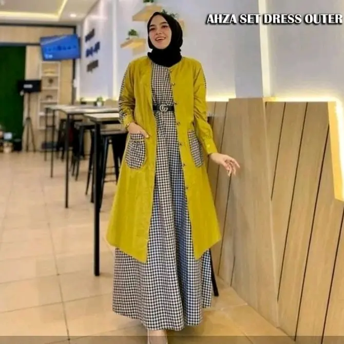 Baju Gamis Wanita Muslimah Ahza Set Linen Rami Mix Katun Kotak Kotak Dress Set Outer Kardigan Busui Kancing 4