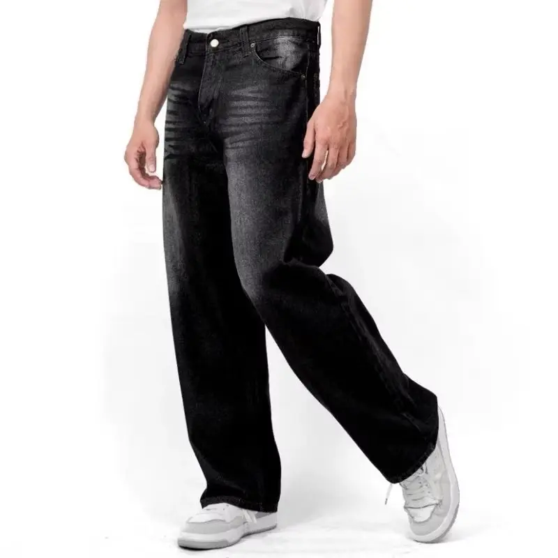 Celana Baggy Jeans Wisker Pria Unisex Wide Leg Gombrong Skena Wanita Hitam Panjang Pendek 7/9