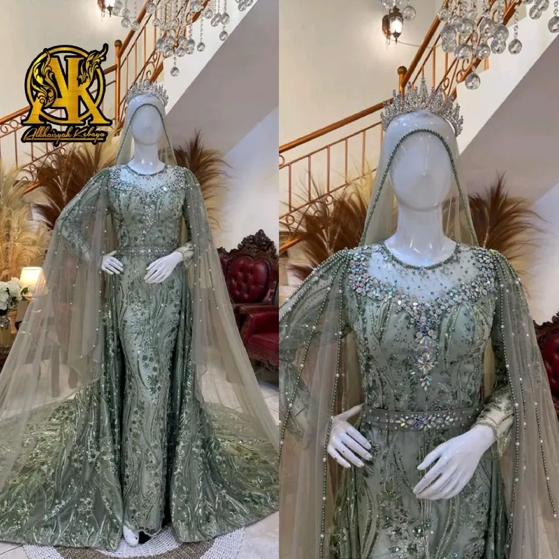 Gaun pengantin slim full payet ekor lepas pasang Mewah wedding Dress Pernikahan 4