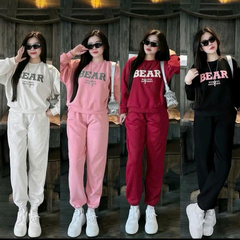 Set Bộ Nỉ In Nổi BEAR Áo Swt Cổ Tròn Mix Quần Jogger Chất Nỉ Bông Phong Cách Đơn Giản Trẻ TRung Mặc Nhà Đi Chơi Top Women Trend By TH