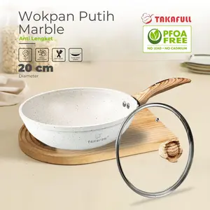 [TAKAFULL X DESSYMANRU] WokPan Wajan Cekung Mini 20cm – Aluminium Double Bottom Marble Coating Standar Eropa Warna Putih, Tutup Kaca, PFOA Free Kitchenware (WL720W)