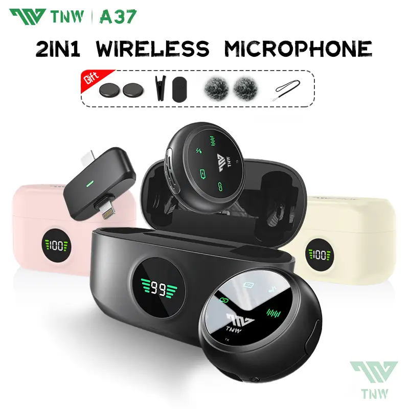 TNW A37 Wireless Microphone 2-In-1 Clip On Mic Magnetic Mikrofon HP Plug & Play Dual Lavalier Microphone with Charging Case 0