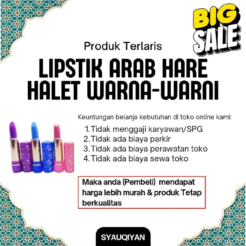 LIPSTIK HARE ARAB Halet Warna Warni Untuk Oleh-oleh Haji Umroh Menutrisi Bibir Pertoleum Jelly seharga Rp10.000. Dapatkan sekarang juga! Wanita Lipstick Lipgloss Gloss Merah Biru 4