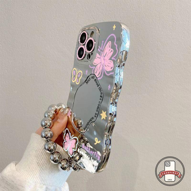 Casing Cermin Rias Mewah Kupu-kupu Merah Muda Fantasi Untuk Redmi 9A 10A 10C 9T 9C Nfc Redmi Note 11 9 10S 12 11S 8 10 Pro 11Pro 12Pro Plus POCO X3 NFC M3 Pro X5 Casing Tepi Bergelombang Huruf Modis 5