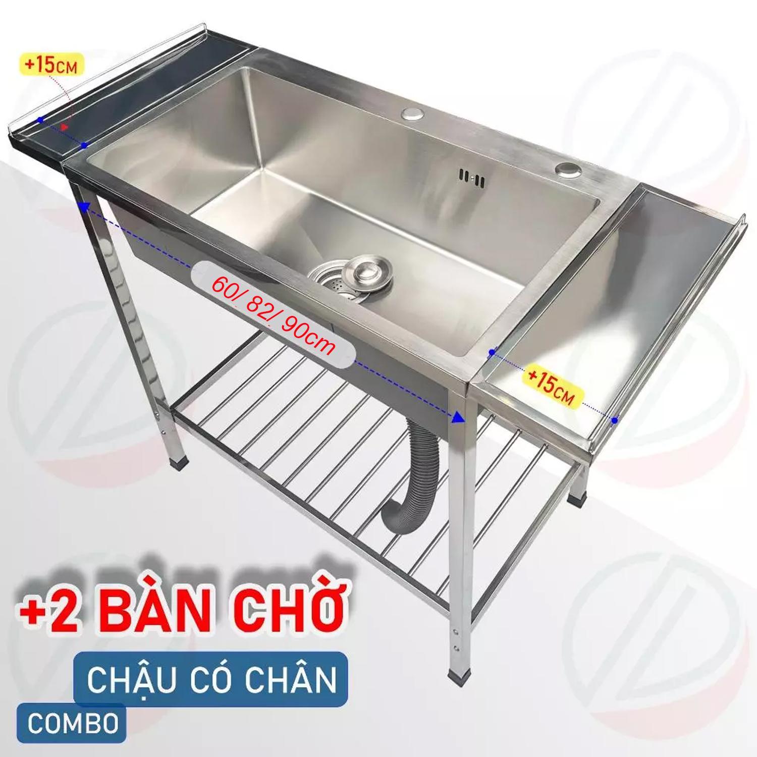 COMBO Chậu Rửa Chén Bát Có Kệ Chân Nhiều Kích Thước Lắp Thêm 2 Bàn Chờ Rộng Rãi - Gồm chậu, xi phông, kệ chân, 2 bàn rời