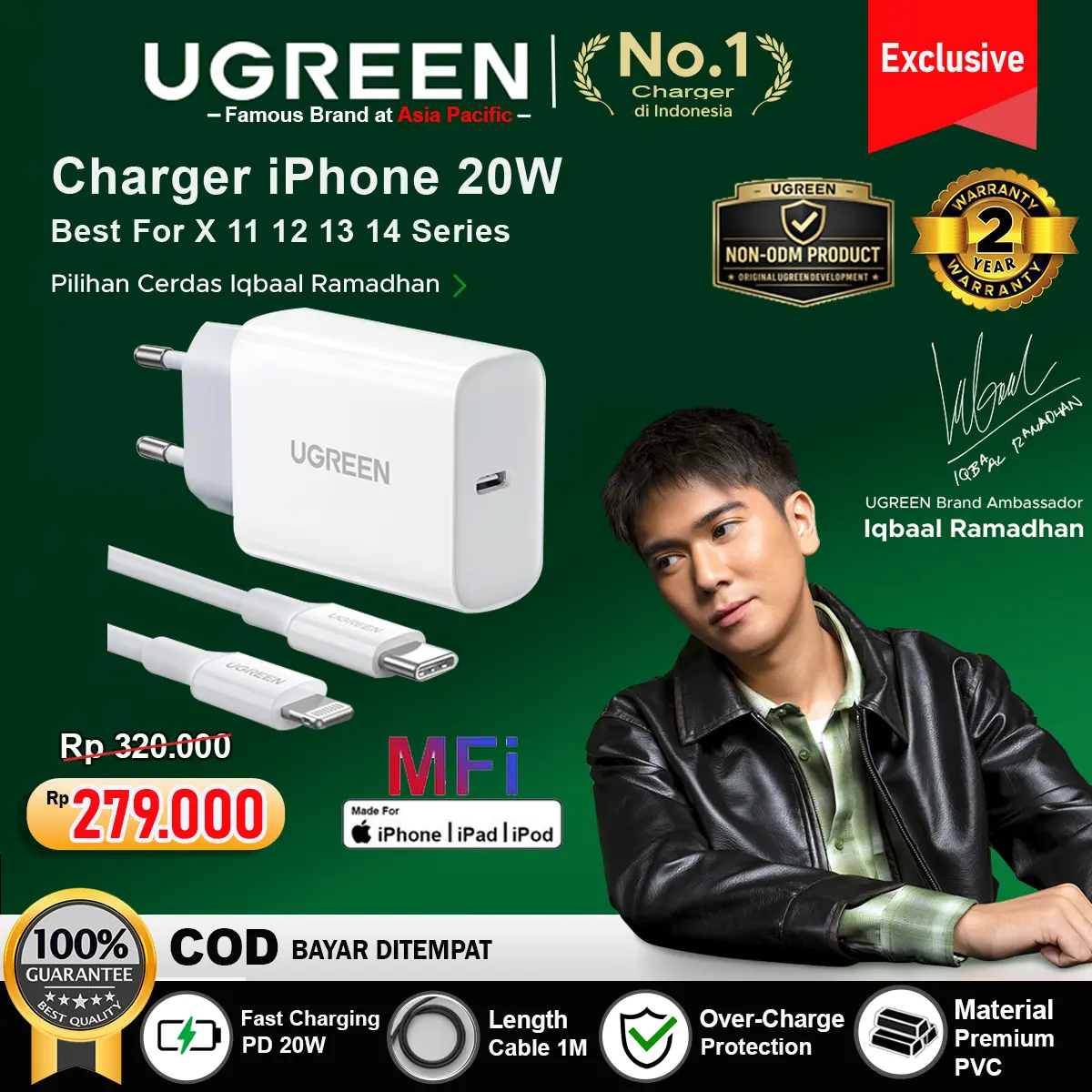 UGREEN Charger For iPhone X 11 12 13 14 MFI PD Type C to Lightning Fast Charging 20w