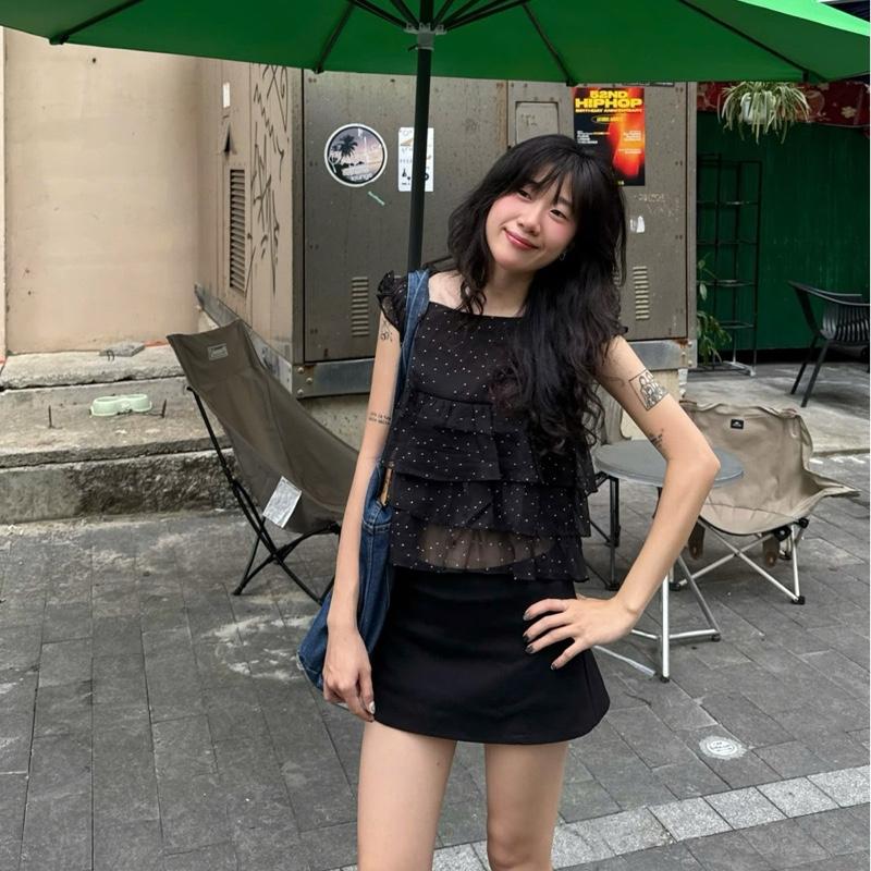 DEAL 25 12 Áo babydoll voan chấm bi nhiều tầng áo kiểu trễ vai phong cách Hàn Quốc Salavi N2 080