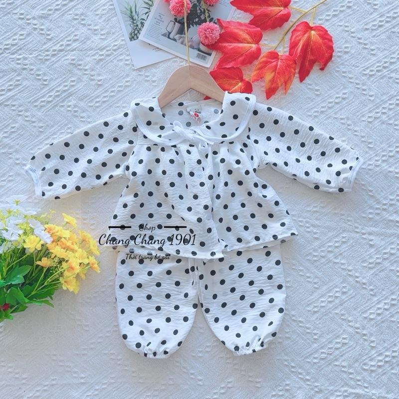 7-12kg sét bộ tay dài quần dài kẻ sọc cổ sen chất vải Cotton Hàn mềm mát cho bé gái dưới 3 tuổi