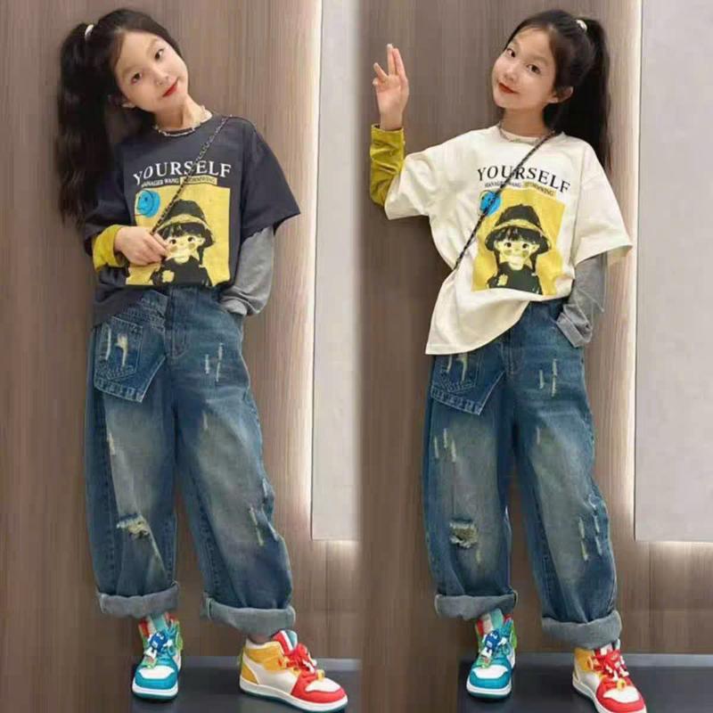   YS  Set bộ thu đông áo cotton kèm quần jean năng động cá tính cho bé gái từ 15-50kg 