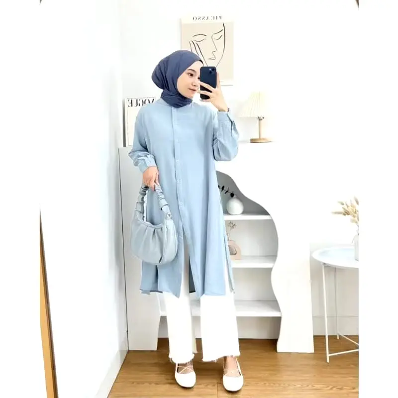 WZ . Tunik polos polo linen kancing depan belakang|| kemeja wanita polos tunik pololinen Atasan