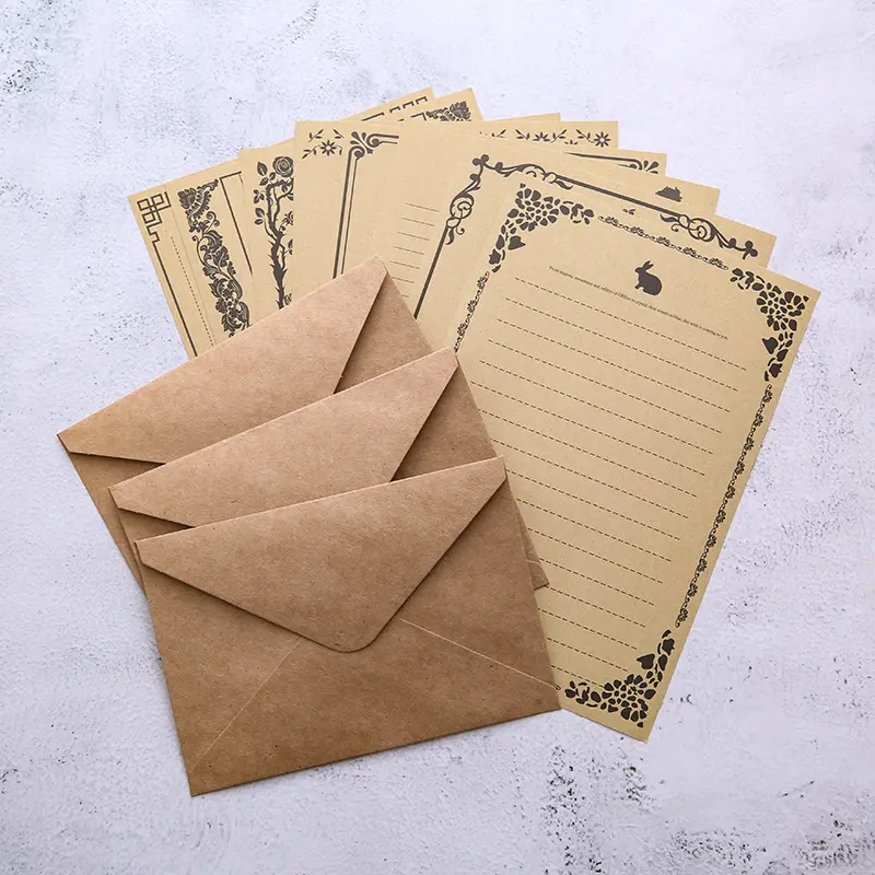 Bộ Giấy Thư Nghệ Thuật Cổ Điển Hàn Quốc, 8 Chiếc, Bìa Cứng Màu Trắng Và Phong Bì Kraft, Hàng Có Sẵn 6