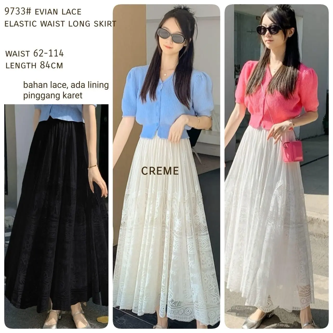 Rok Evian Lace Elastic Waist Long Skirt TM 9733 original Three M bawahan wanita import maksi model korean fashion cewek muslim remaja kasual new terbaru murah Panjang Casual Maxi Motif Cantik Simple