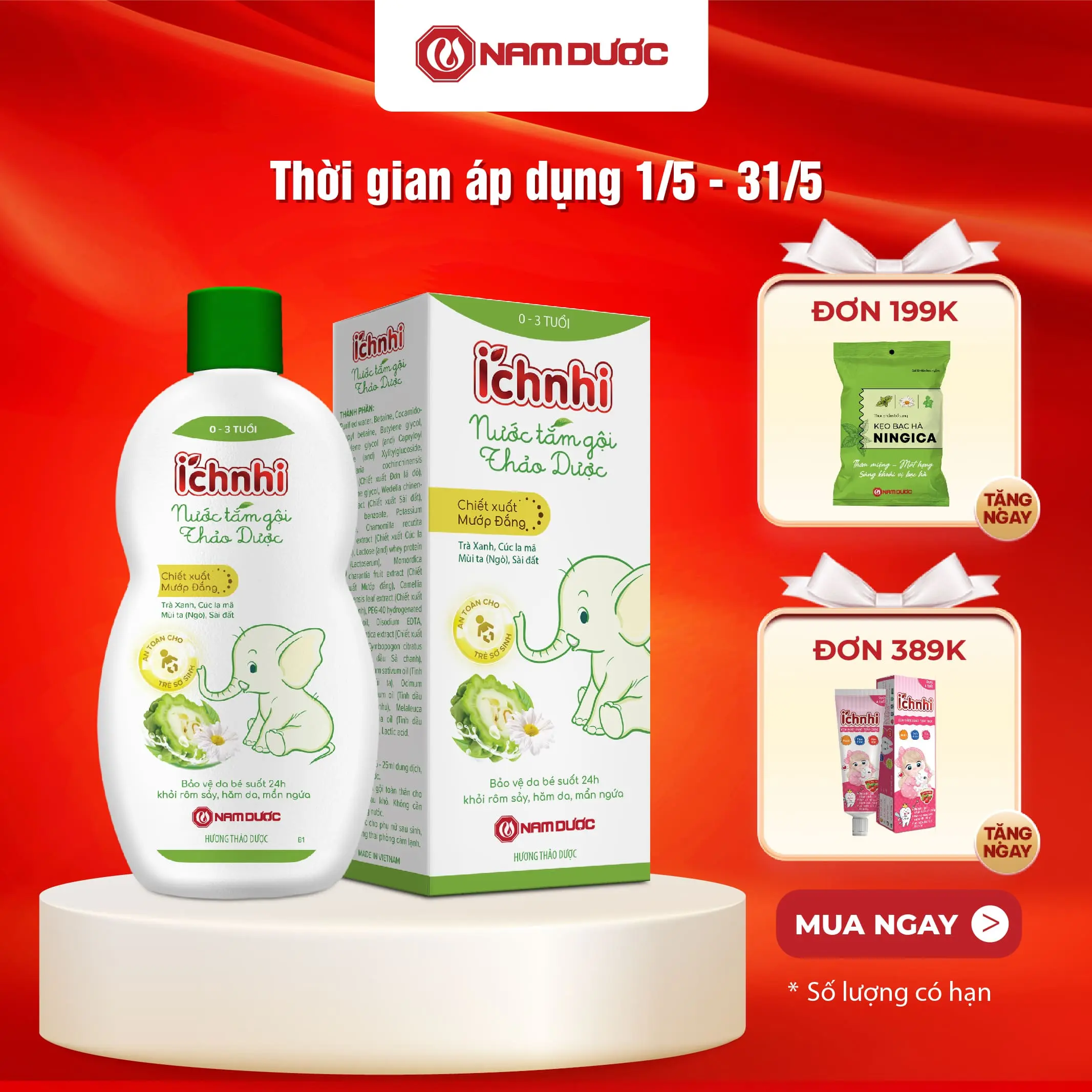 Nước tắm gội thảo dược Ích Nhi lọ 230ml (0-3 tuổi) Cho Bé