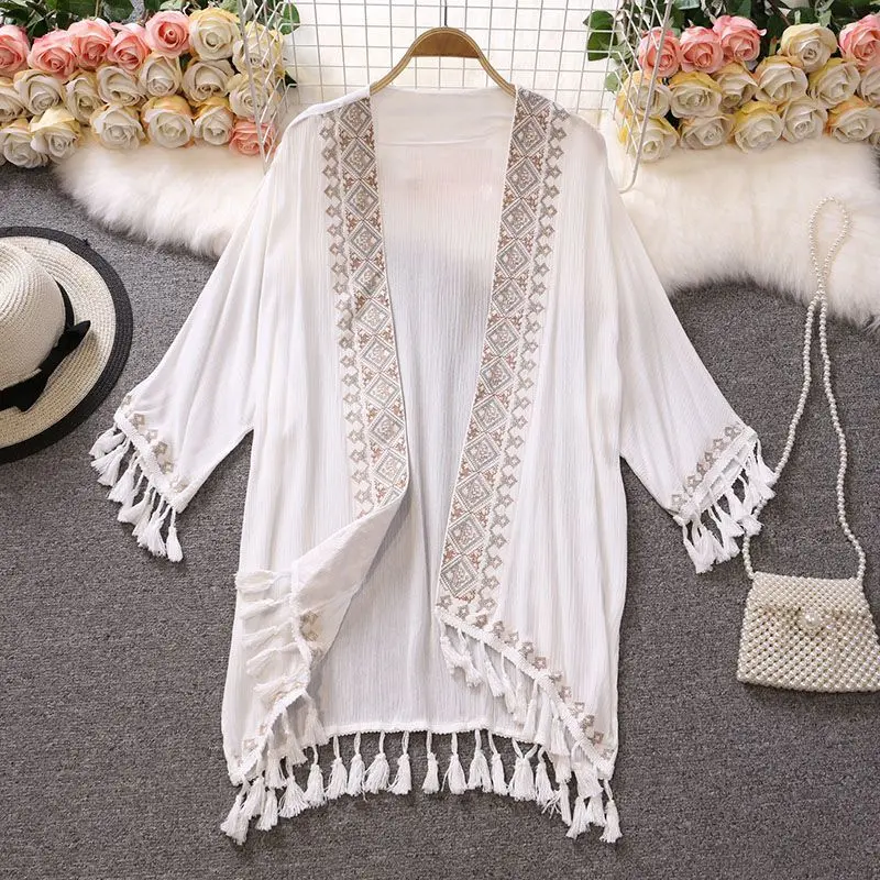 Baju Pelindung Matahari, dengan Sulaman Etnik, Kot Pantai Longgar, Kardigan Bohemia Luar, Selendang Super Elegan, dengan Rumbai Dusty Pink
