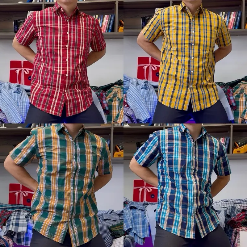 ApaceManson - Áo sơ mi cộc tay có túi trước caro COTTON 98% cho Nam Menswear