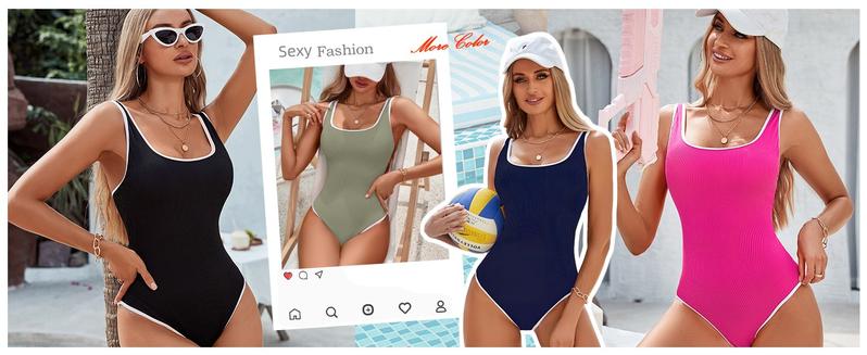 Product Introduction of Women's One Piece Swimsuit Sports Adjustable Strap Bathing Suit Color Block Ribbed High Cut Swimsuits 3