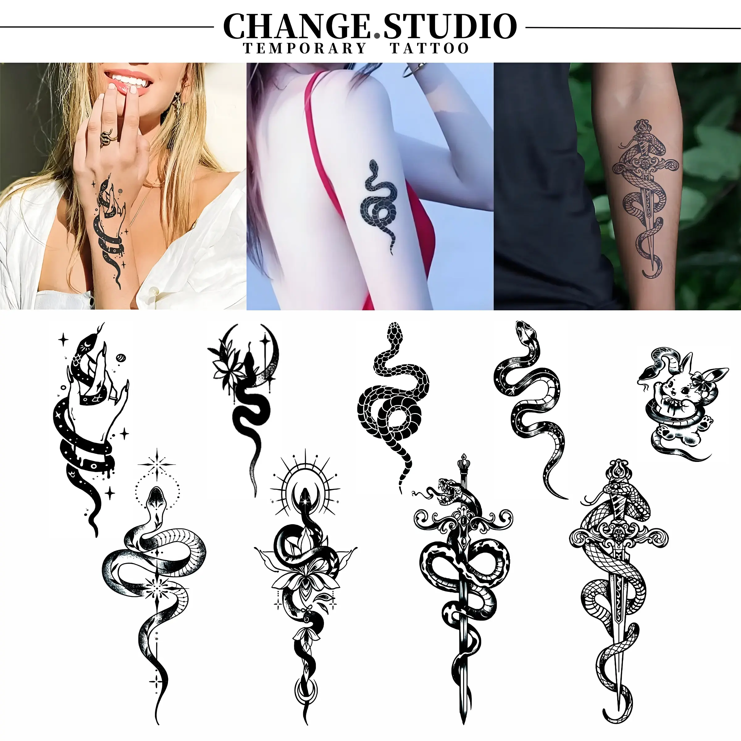 Snake series tattoo, temporary tattoo lasts 15 days waterproof and rub-resistant, tattoo sticker
