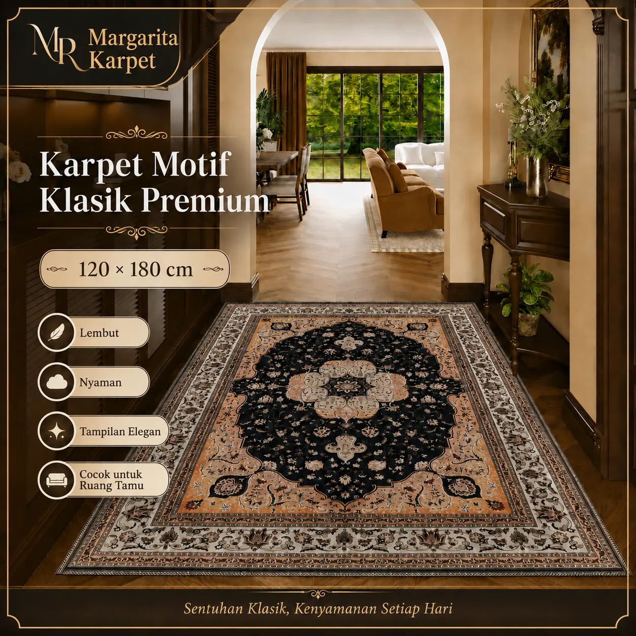 [120x180cm] Margarita Karpet Lantai Motif Klasik Eropa Premium Anti Slip Lembut untuk Ruang Tamu