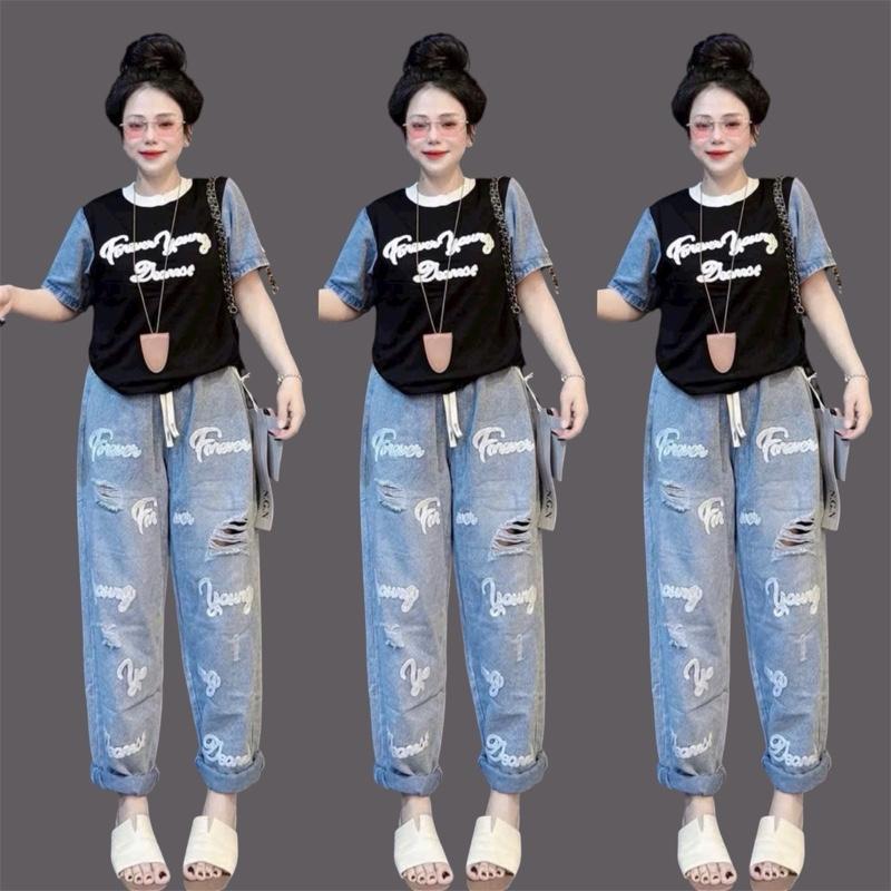  SET -Áo thun borip in chữ trắng đen phối jean form vừa . Quần baggy jean 90cm lưng chun 