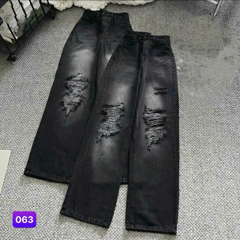 Quần jean ống suông nữ rách màu đen xám chất jean mềm form tôn dáng phong cách cá tính - Tranzystore BGNU063