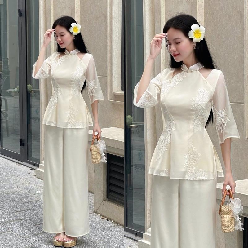  Sét bộ đồ Lam pháp phục bà ba đi chùa tơ thêu hoa dính Ngọc trai phối lưới from tôn dáng quần Lụa dáng dài M4 