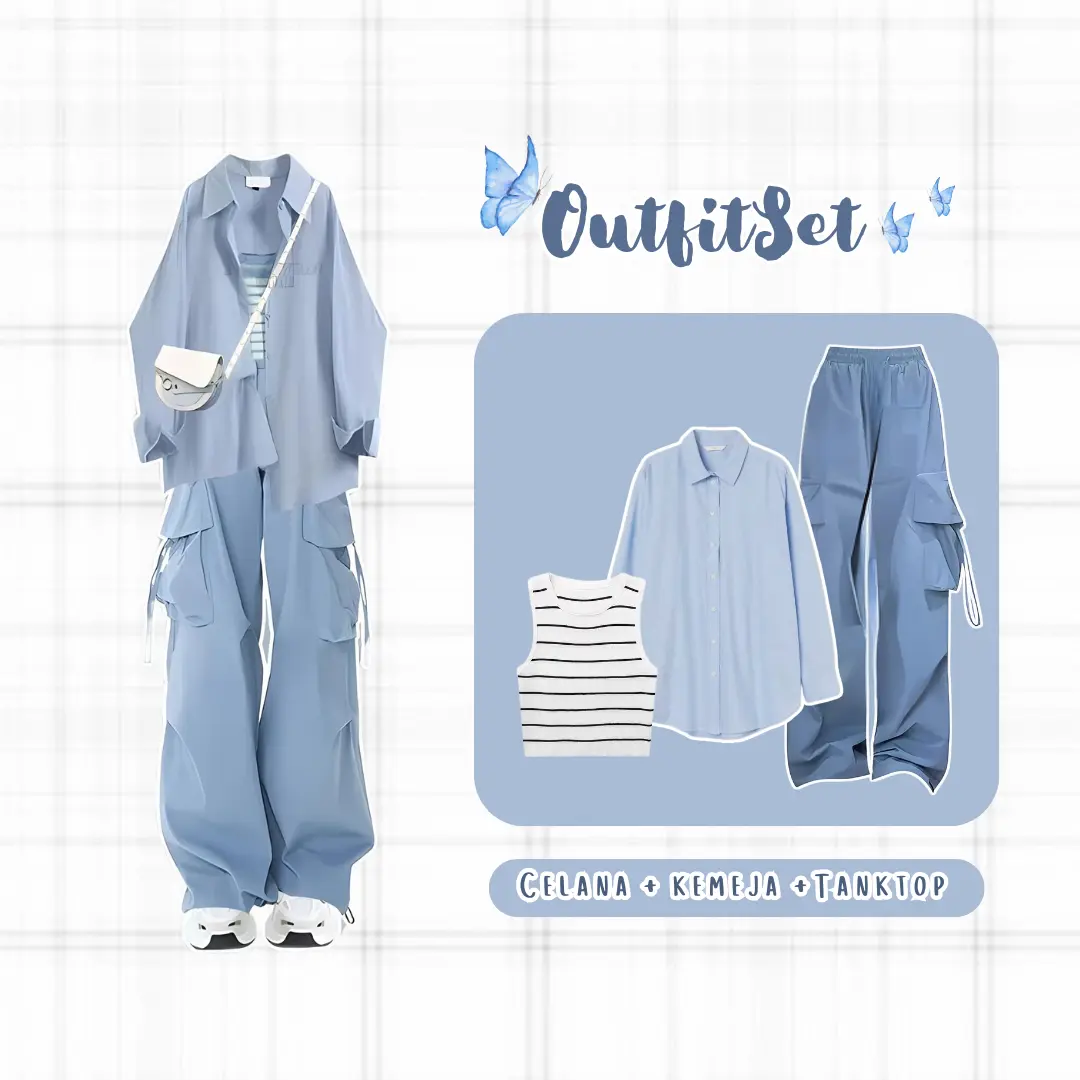 Outfit Korean Style ( Celana Cargo Kemeja Tanktop Salur Oneset 3in1 ) - AH44 Fashion Baju Panjang Setelan Wanita Stripe Rayon Soft Oversize Basic Kulot Navy Katun  Viscose Pant Casual
