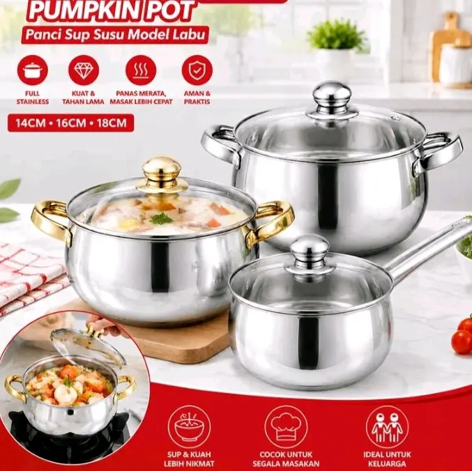 Pumkin Pot Panci Soup Panci Susu Ukuran 18 & 20cm Model Labu Masak Mie Sayur Bakso Tomyam Gold Tutup Kaca Stainless Steel