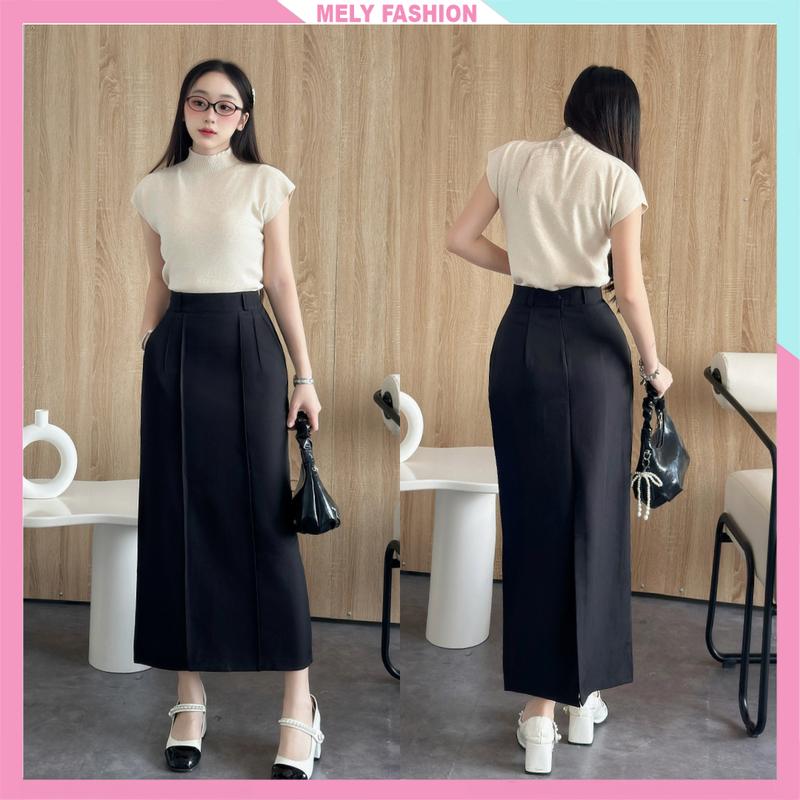 Chân váy suông dài 85cm Mely Fashion dài qua gối xẻ sau có túi 2 bên cạp cao tôn dáng giấu bụng đùi dễ phối đồ CV111