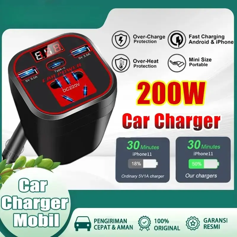 Car Power Inverter Daya Mobil 24V 12V 220v 200W 3,1 A Konverter Daya 12V/24V Layar Tampilan Digital Tipe Cangkir Pengisi Daya Soket Truk Mobil radio  Inverter Kendaraan Mewah