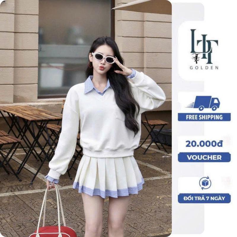 Set Áo Nỉ Trơn Bassic Phối Sơ Mi + Chân Váy Xếp Ly Xòe Lưng Thun - LIT.GOLDEN - hàng QC cao cấp L1