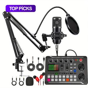 ポッドキャスト機器バンドル（1セット）、USB充電式ポッドキャストマイクバンドル（ボイスチェンジャー付き）、ポッドキャストライブストリーミング歌唱用コンデンサーマイク録音スタジオパッケージ