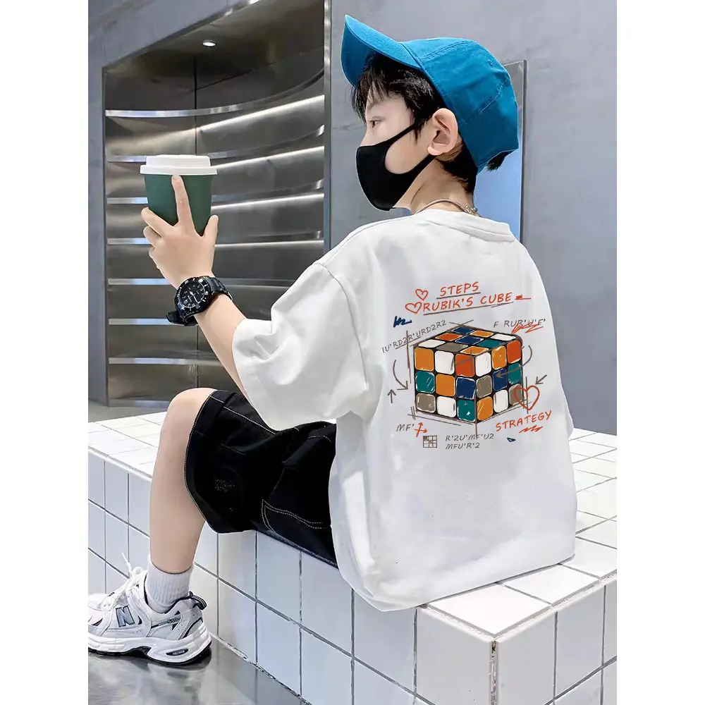 Pure cotton short sleeve T-shirt for boys and girls new printed Rubik's Cube children's loose bottomed shirt summer top half sleeved for small and medium-sized children