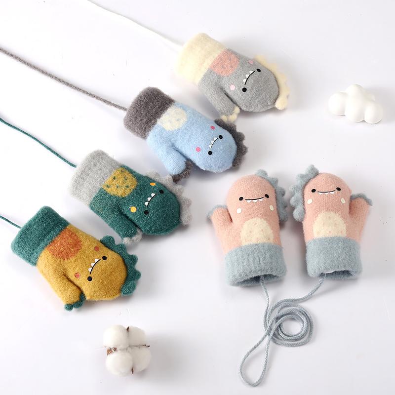 Găng Tay Khủng Long Hoạt Hình Cho Bé, Găng Tay Mùa Đông Ấm Áp Bằng Vải Nhung Lông Cho Trẻ Mới Biết Đi, Bé Trai Và Bé Gái, Găng Tay Dệt Kim Dễ Thương Cho Trẻ Em, Găng Tay Đầy Đủ Ngón Tay Có Dây Thừng