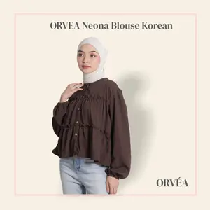 ORVEA Neona Blouse Wanita Ruffle | Atasan Linen Import Elegan Kekinian Cantik  Nyaman Busui Casual kemeja