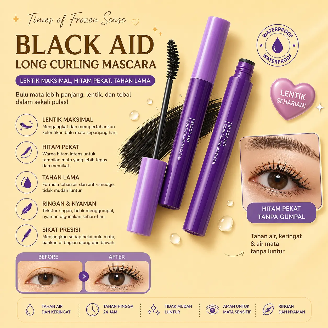 Black Aid Long Curling Mascara Waterproof - Maskara Lentik Tebal Panjang Smudge Proof Tahan Lama 24 jam