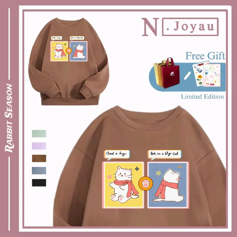 N.Joyau Sweater - Shy Cat | Oversize XXL crewneck Lengan Panjang Outfit Basic Casual Korean Style Aesthetic Sablon DTF Gift  Remaja Wanita Pria Unisex Premium Kekinian Bigsize Jumbo. 0