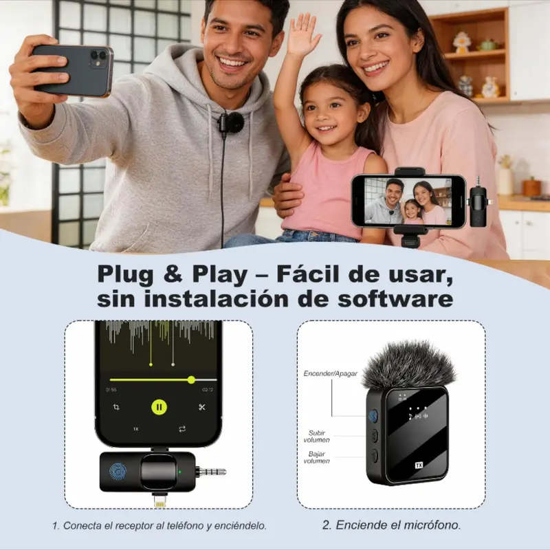 Mini micrófono 3 en 1 para iPhone/Android/ cámara, audio de alta fidelidad, 48 kHz/24 bits, micrófonos inalámbricos, alcance de 100 m, batería de 20 h, micrófono de solapa con reducción de ruido para transmisión en vivo, TikTok y YouTube. - Foto 5