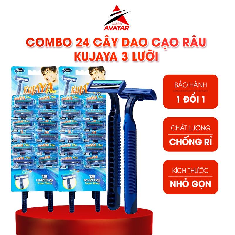 Dao cạo râu Kujaya vĩ 24 cây, 3 lưỡi siêu bén, cạo rau sát sạch hơn