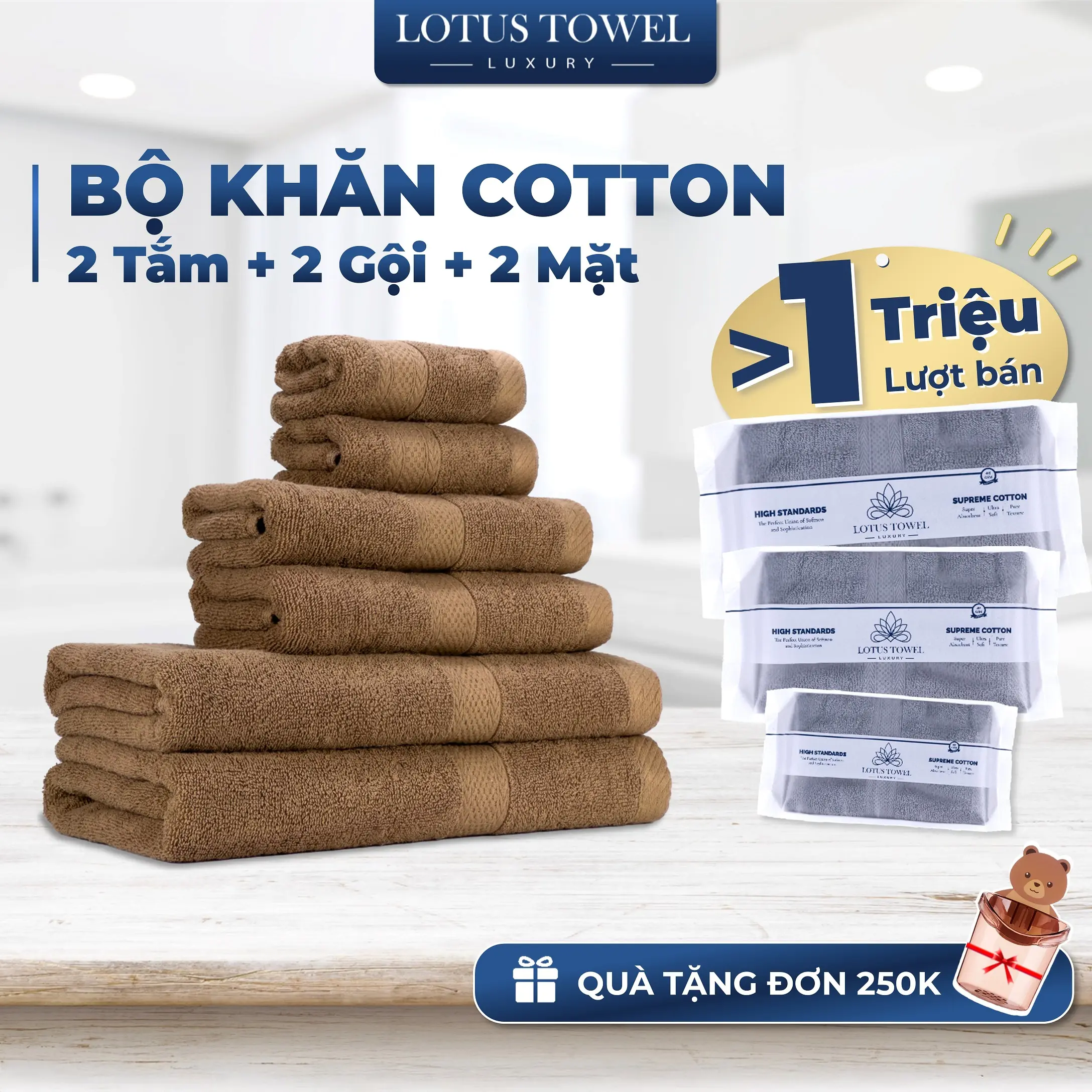 Bộ 6 khăn (2 Tắm,2 Gội,2 Lau Mặt) lotustowel Làm Từ Sợi Cotton Cao Cấp Mềm Mịn, Thấm Hút, Không Ra Màu Dùng Cho Nhà Tắm Khăn Tắm