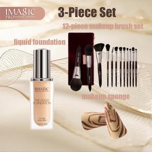 IMAGIC【3-Piece Set】 Liquid Foundation&12-Piece Makeup Brush Set&Makeup Sponge